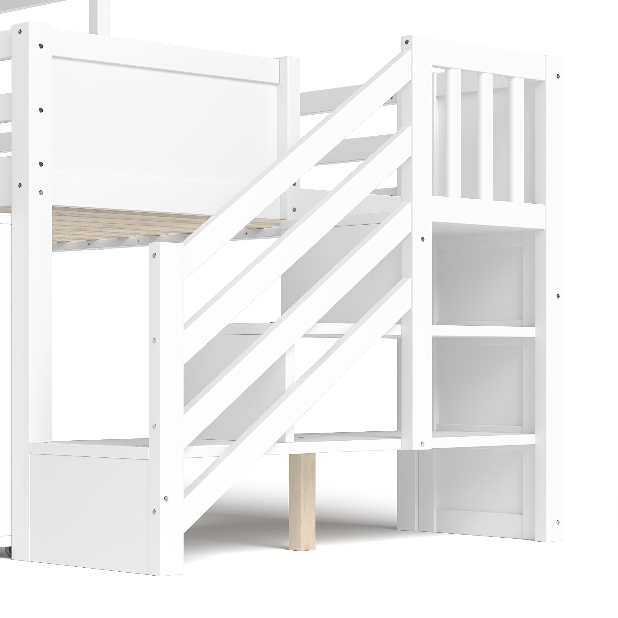 Bellemave® House Low Loft Bed with Slide and Storage Stairs, Twin Loft Bed with Removable Desk, 3 Drawers and Side Bookcase, Wood Loft Beds Frame for Girls, Boys, White - Bellemave