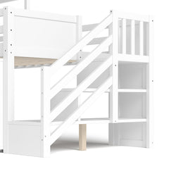 Bellemave® House Low Loft Bed with Slide and Storage Stairs, Twin Loft Bed with Removable Desk, 3 Drawers and Side Bookcase, Wood Loft Beds Frame for Girls, Boys, White - Bellemave