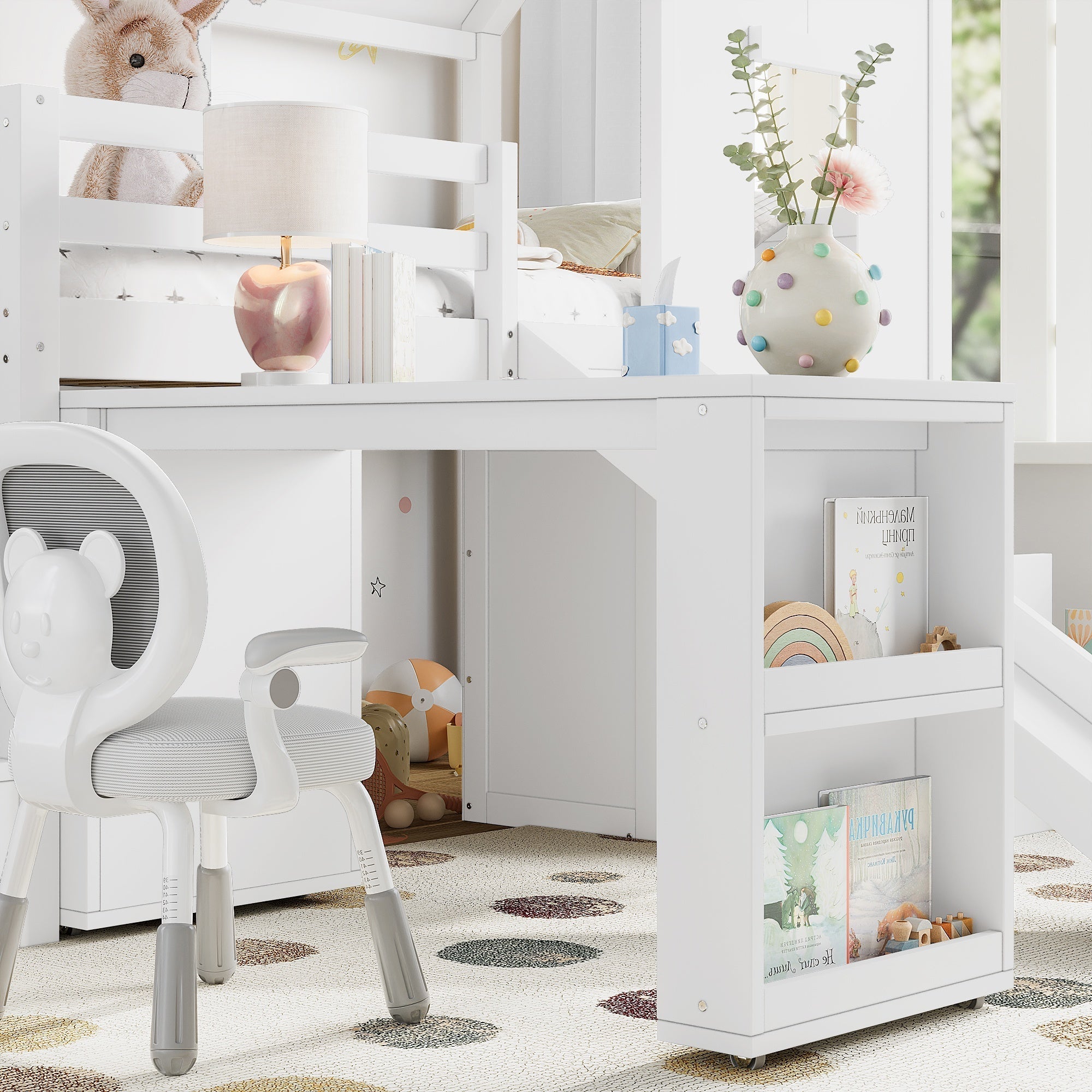 Bellemave® House Low Loft Bed with Slide and Storage Stairs, Twin Loft Bed with Removable Desk, 3 Drawers and Side Bookcase, Wood Loft Beds Frame for Girls, Boys, White - Bellemave