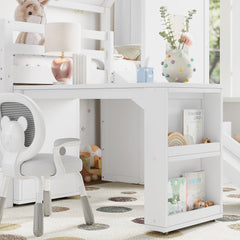 Bellemave® House Low Loft Bed with Slide and Storage Stairs, Twin Loft Bed with Removable Desk, 3 Drawers and Side Bookcase, Wood Loft Beds Frame for Girls, Boys, White - Bellemave