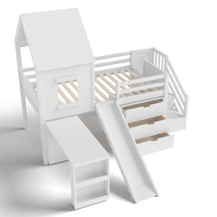 Bellemave® House Low Loft Bed with Slide and Storage Stairs, Twin Loft Bed with Removable Desk, 3 Drawers and Side Bookcase, Wood Loft Beds Frame for Girls, Boys, White - Bellemave