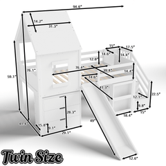 Bellemave® House Low Loft Bed with Slide and Storage Stairs, Twin Loft Bed with Removable Desk, 3 Drawers and Side Bookcase, Wood Loft Beds Frame for Girls, Boys, White - Bellemave