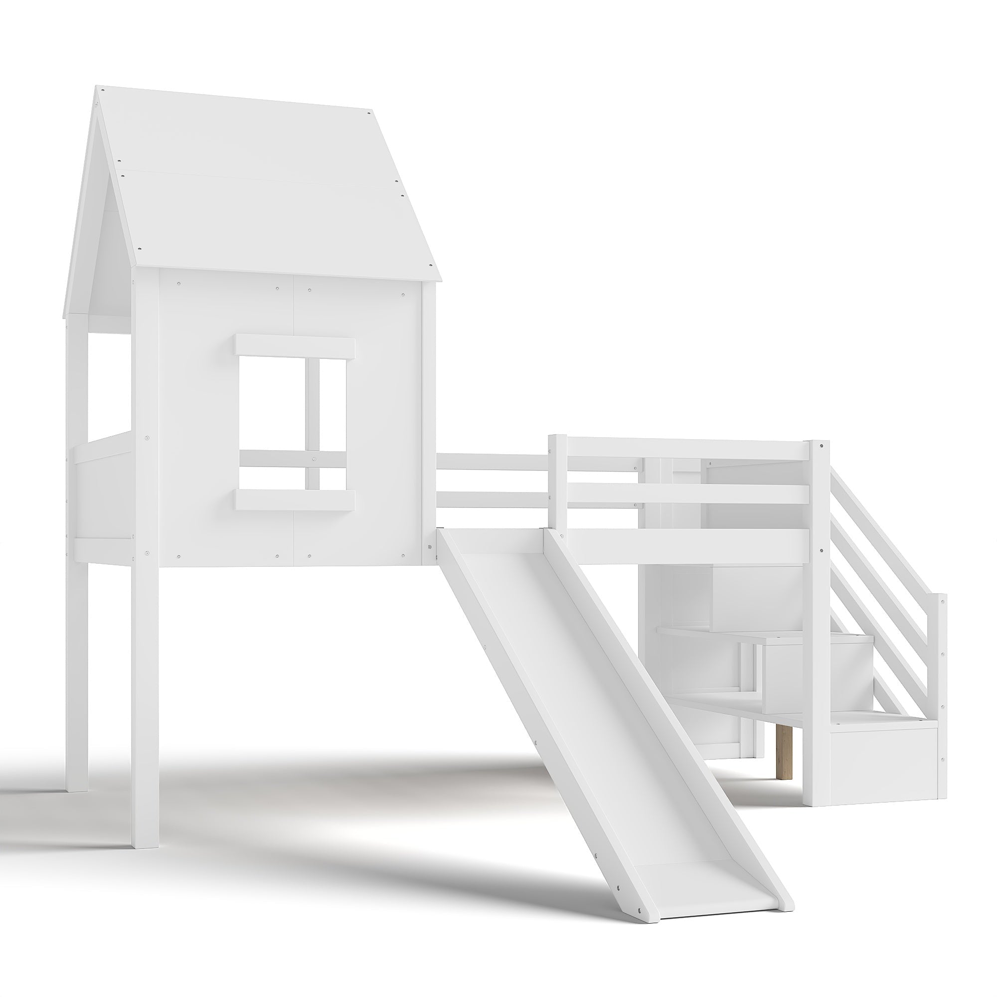 Bellemave® House Low Loft Bed with Slide and Storage Stairs, Twin Loft Bed with Removable Desk, 3 Drawers and Side Bookcase, Wood Loft Beds Frame for Girls, Boys, White - Bellemave