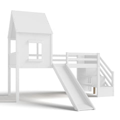 Bellemave® House Low Loft Bed with Slide and Storage Stairs, Twin Loft Bed with Removable Desk, 3 Drawers and Side Bookcase, Wood Loft Beds Frame for Girls, Boys, White - Bellemave