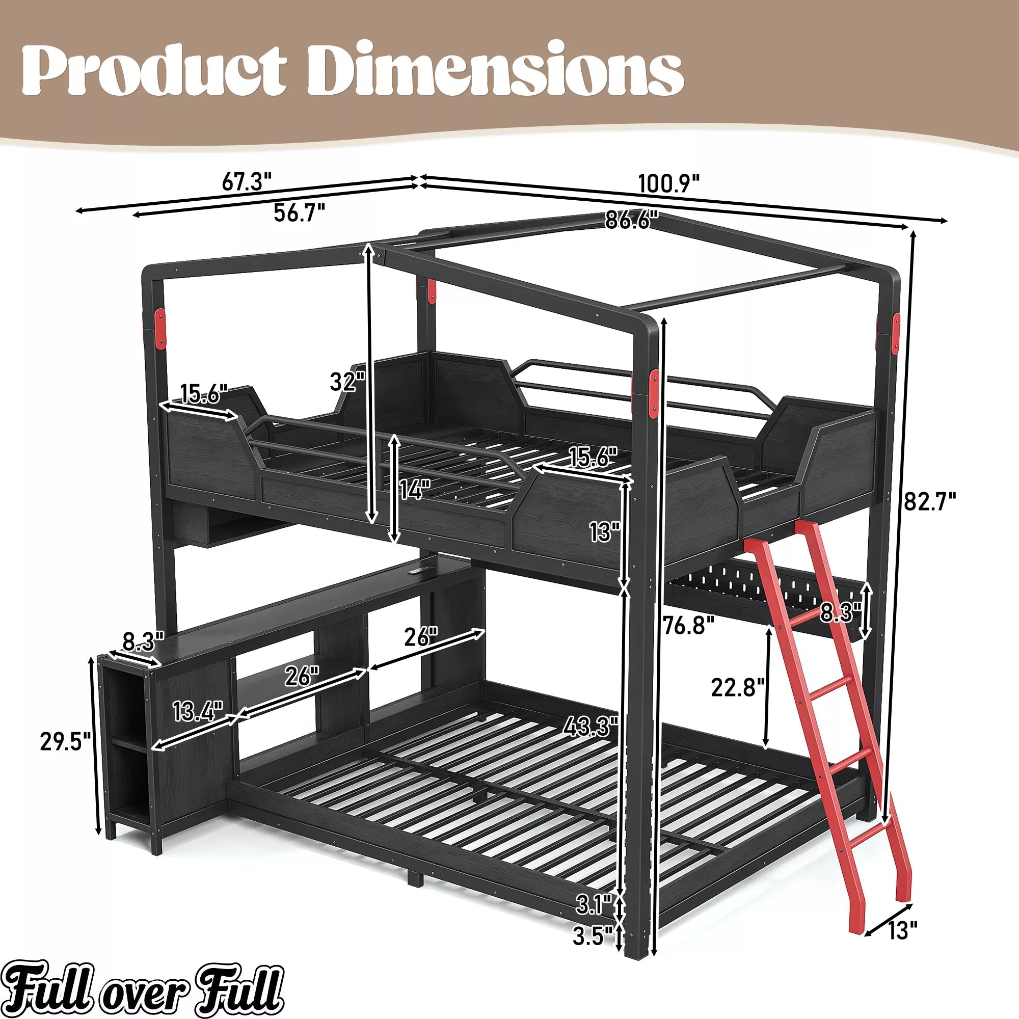Full over full gaming bunk bed dimensions with desk, storage shelves and ladder