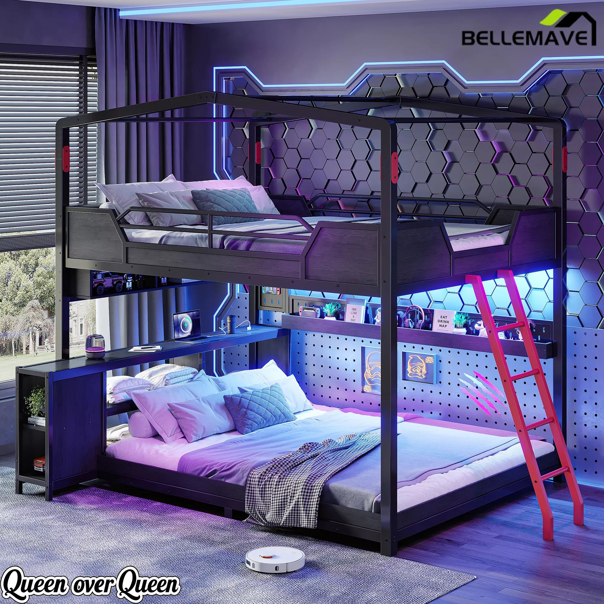 Queen over queen bunk bed frame with storage shelves and LED lights
