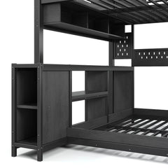Built in storage shelves and desk under metal gaming bunk bed