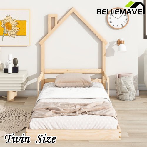 Bellemave® House - Shaped Headboard Floor Bed with Handrails and Slats - Bellemave