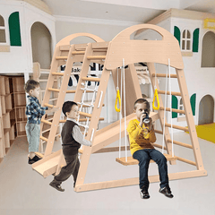 Bellemave® Indoor Playground 7 - in - 1 Jungle Gym Playset for Kids 2 - 6yrs - Slide, Climbing Wall, Rope Wall Climber, Monkey Bars, Swing - Bellemave