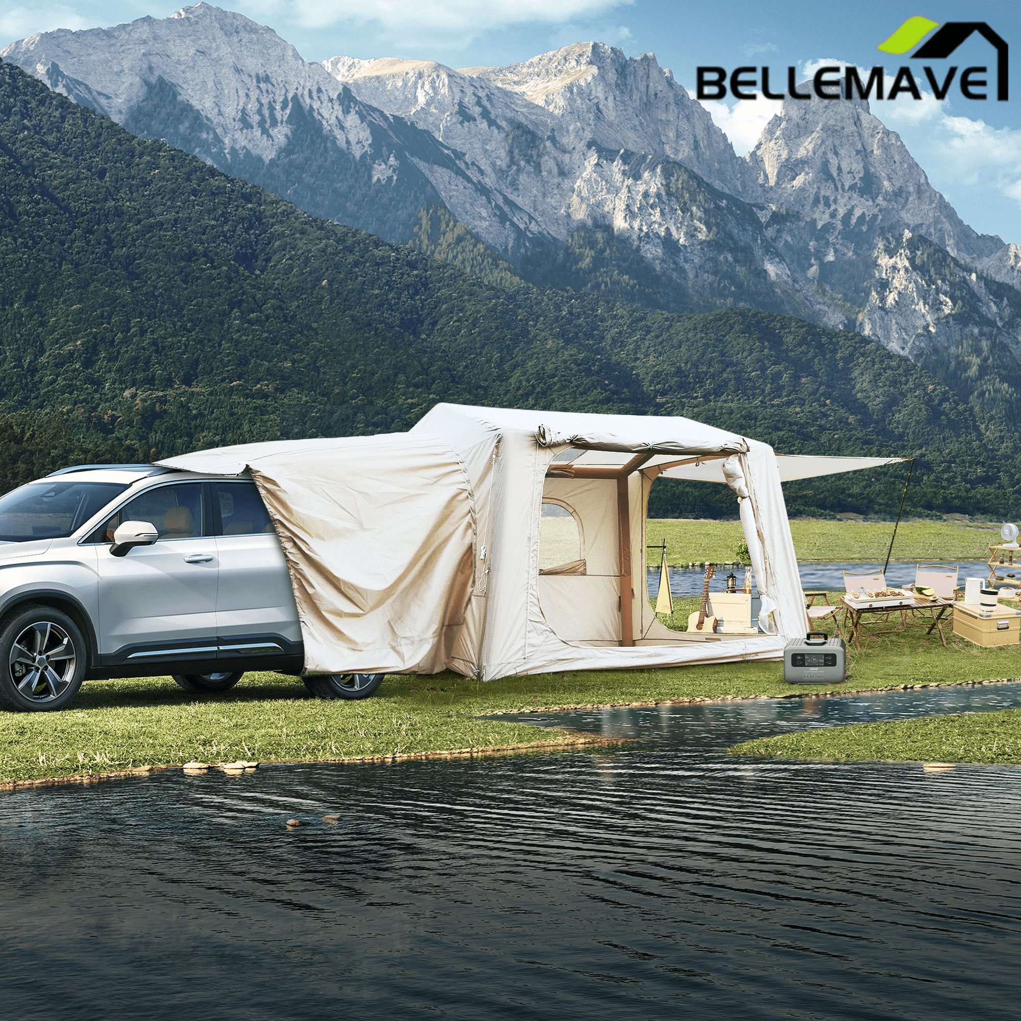 Bellemave® Inflatable SUV Tent for Camping - 4 - 6 - 8 Person, 4 Season Waterproof Oxford, Tailgate - Attachable & AC Compatible, Easy Setup with Air Pump, Air - Inflated Glamping Tent for Adults - Bellemave