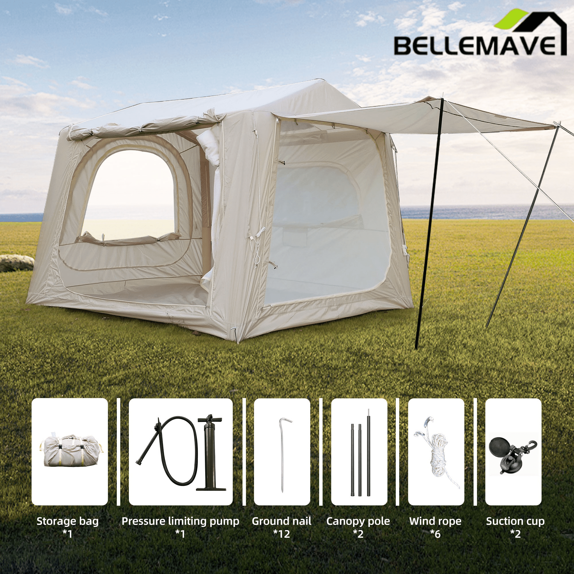Bellemave® Inflatable SUV Tent for Camping - 4 - 6 - 8 Person, 4 Season Waterproof Oxford, Tailgate - Attachable & AC Compatible, Easy Setup with Air Pump, Air - Inflated Glamping Tent for Adults - Bellemave