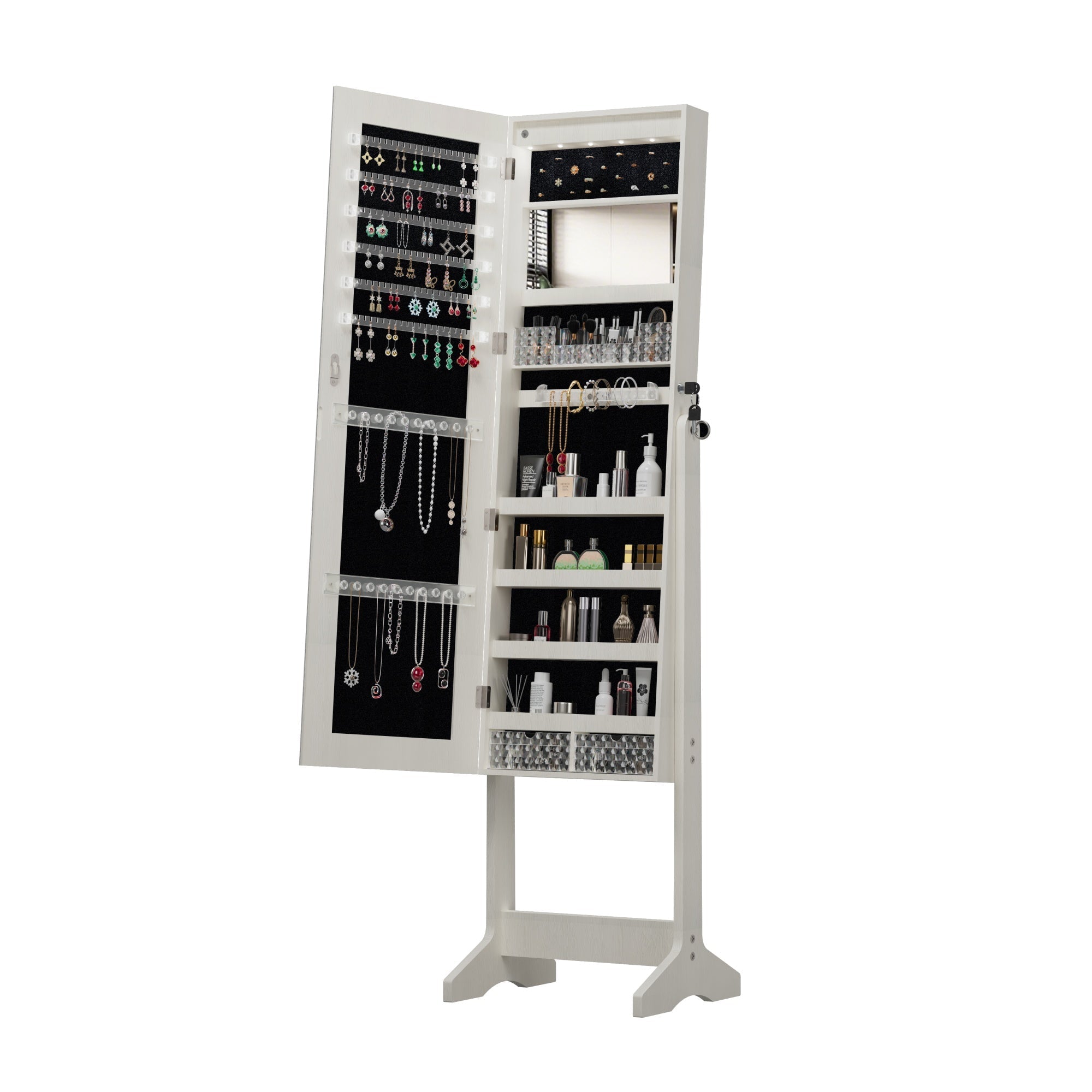 Bellemave® Jewelry Armoire Organizer with Full Length Mirror with stand, Lockable Storage Cabinet, Interior Lighted Mirror, White - Bellemave