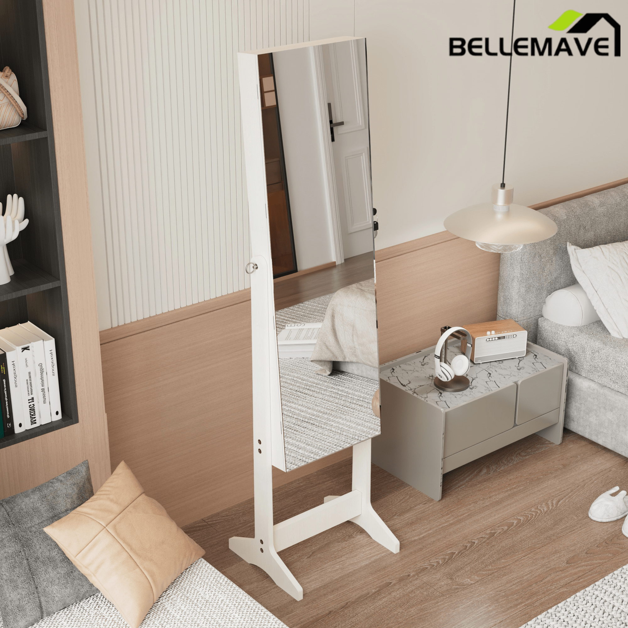 Bellemave® Jewelry Armoire Organizer with Full Length Mirror with stand, Lockable Storage Cabinet, Interior Lighted Mirror, White - Bellemave
