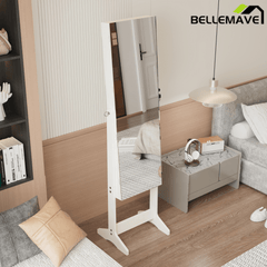 Bellemave® Jewelry Armoire Organizer with Full Length Mirror with stand, Lockable Storage Cabinet, Interior Lighted Mirror, White - Bellemave