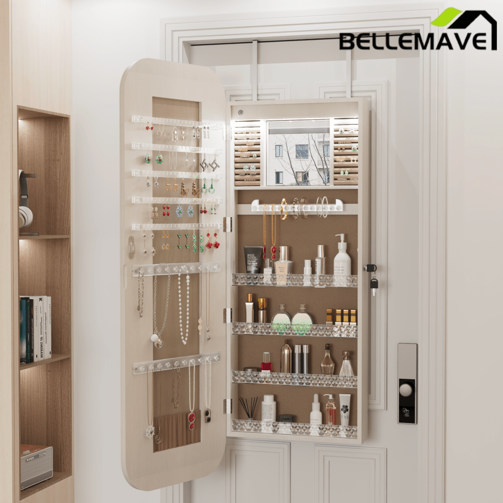 Bellemave® Jewelry Cabinet Armoire with Full Length Mirror, Door or Wall Mounted, Jewelry Armoire Organizer, Lockable Storage Cabinet, Interior Lighted Mirror - Bellemave