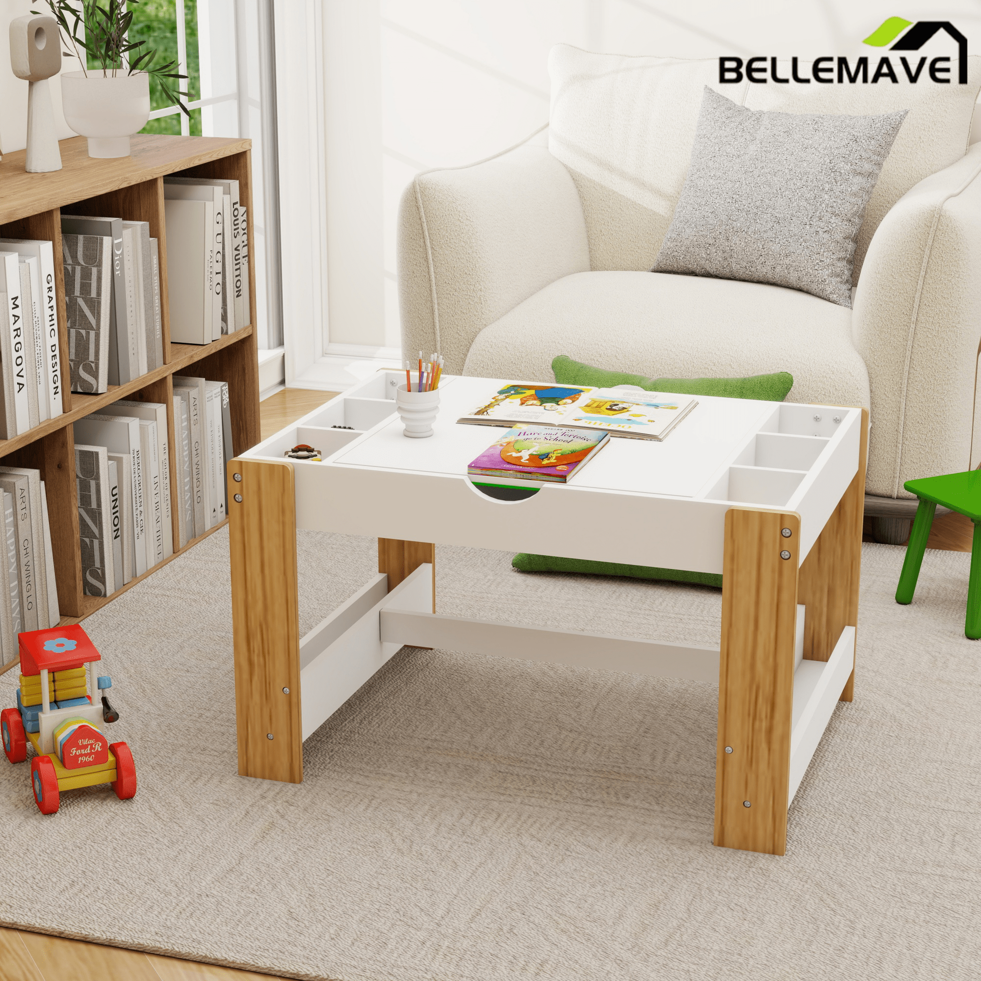 Bellemave® Kids 2 in 1 Play Table & 2 Chairs Set,with 7 Storage Compartments - Bellemave
