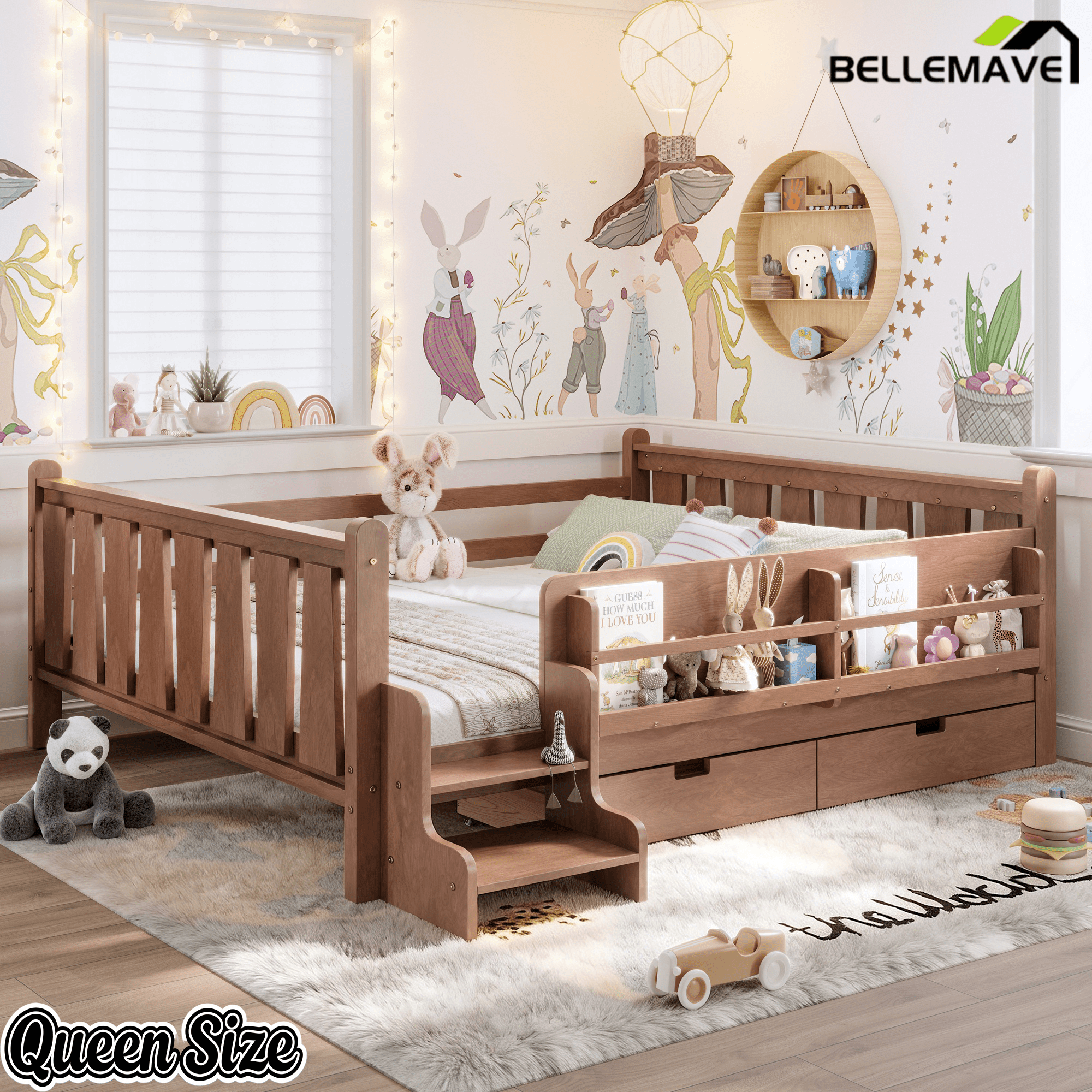 Bellemave® Kids Bed Frame with Storage Drawers & Stairs, Solid Wood Montessori Floor Bed with Bookshelves & Safety Guardrails for Girls Boys - Bellemave