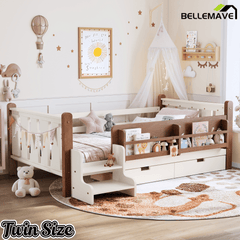 Bellemave® Kids Bed Frame with Storage Drawers & Stairs, Solid Wood Montessori Floor Bed with Bookshelves & Safety Guardrails for Girls Boys - Bellemave
