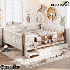 Bellemave® Kids Bed Frame with Storage Drawers & Stairs, Solid Wood Montessori Floor Bed with Bookshelves & Safety Guardrails for Girls Boys - Bellemave