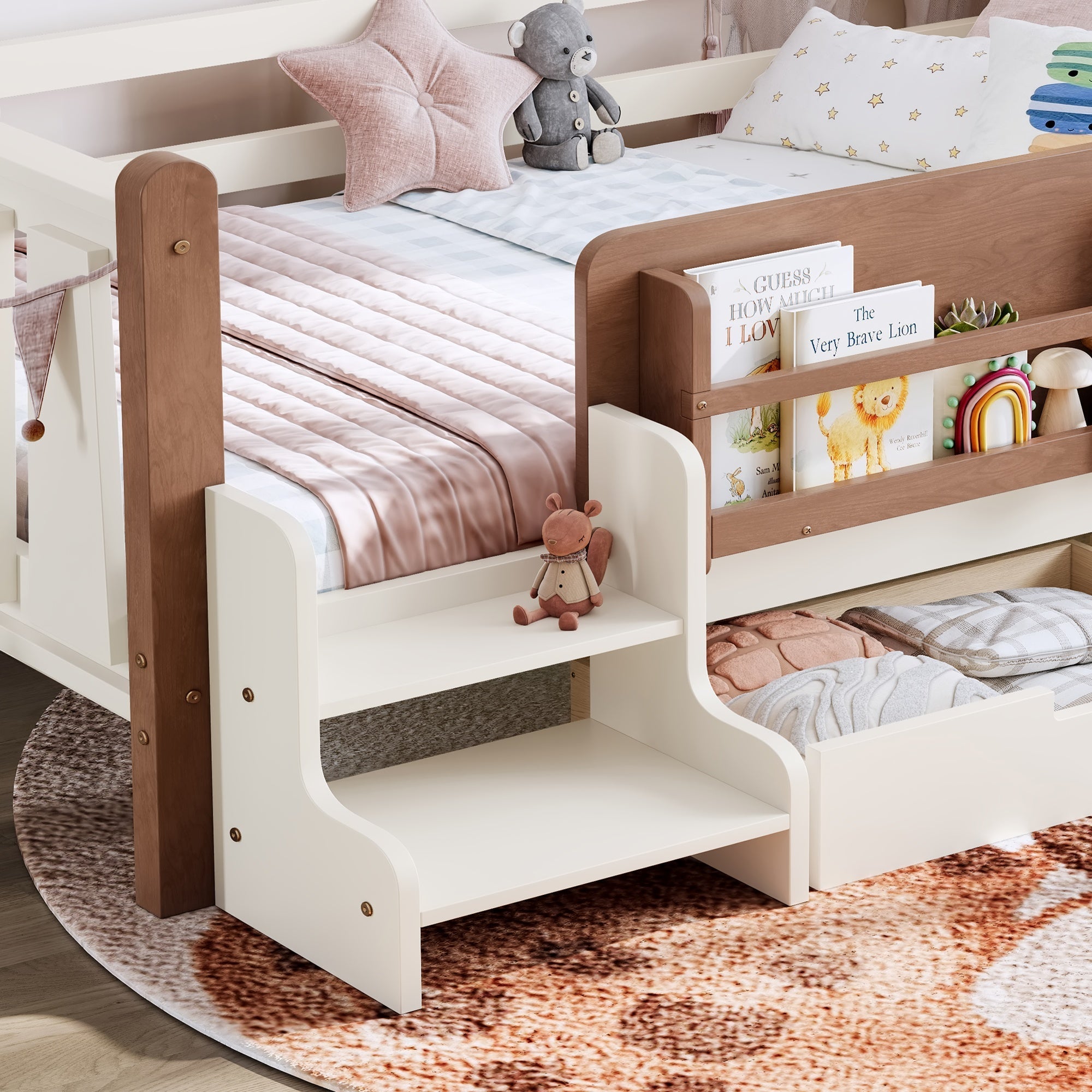 Bellemave® Kids Bed Frame with Storage Drawers & Stairs, Solid Wood Montessori Floor Bed with Bookshelves & Safety Guardrails for Girls Boys - Bellemave