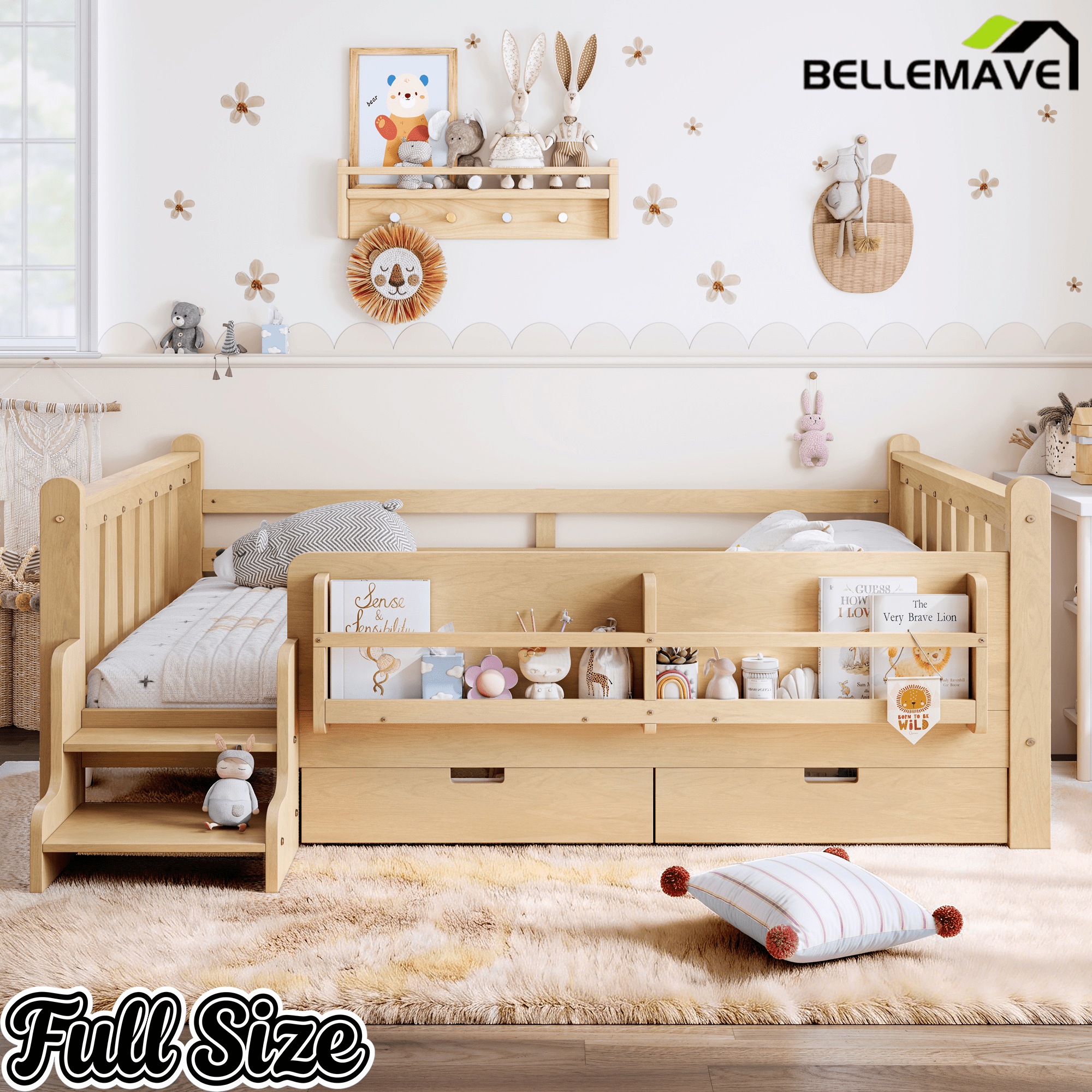Bellemave® Kids Bed Frame with Storage Drawers & Stairs, Solid Wood Montessori Floor Bed with Bookshelves & Safety Guardrails for Girls Boys - Bellemave