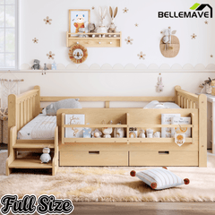 Bellemave® Kids Bed Frame with Storage Drawers & Stairs, Solid Wood Montessori Floor Bed with Bookshelves & Safety Guardrails for Girls Boys - Bellemave