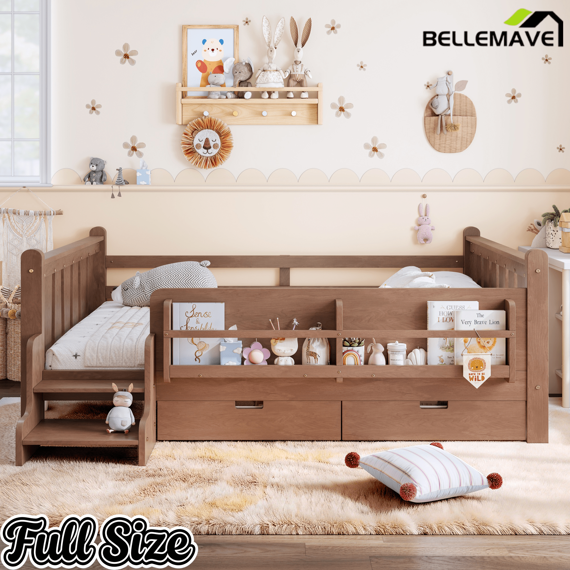 Bellemave® Kids Bed Frame with Storage Drawers & Stairs, Solid Wood Montessori Floor Bed with Bookshelves & Safety Guardrails for Girls Boys - Bellemave