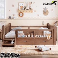 Bellemave® Kids Bed Frame with Storage Drawers & Stairs, Solid Wood Montessori Floor Bed with Bookshelves & Safety Guardrails for Girls Boys - Bellemave