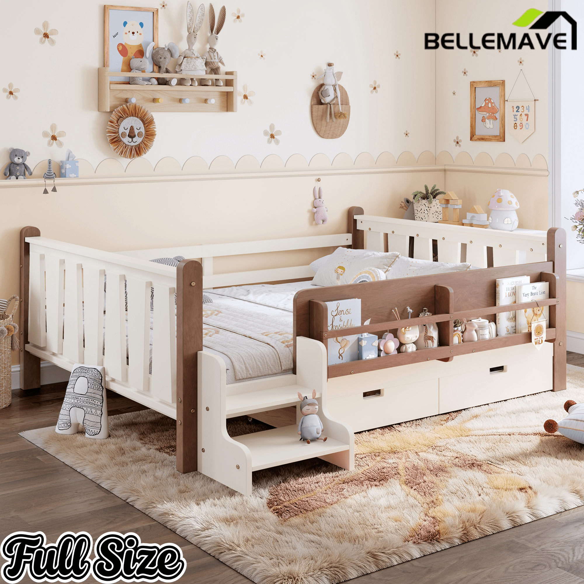 Bellemave® Kids Bed Frame with Storage Drawers & Stairs, Solid Wood Montessori Floor Bed with Bookshelves & Safety Guardrails for Girls Boys - Bellemave