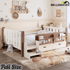 Bellemave® Kids Bed Frame with Storage Drawers & Stairs, Solid Wood Montessori Floor Bed with Bookshelves & Safety Guardrails for Girls Boys - Bellemave