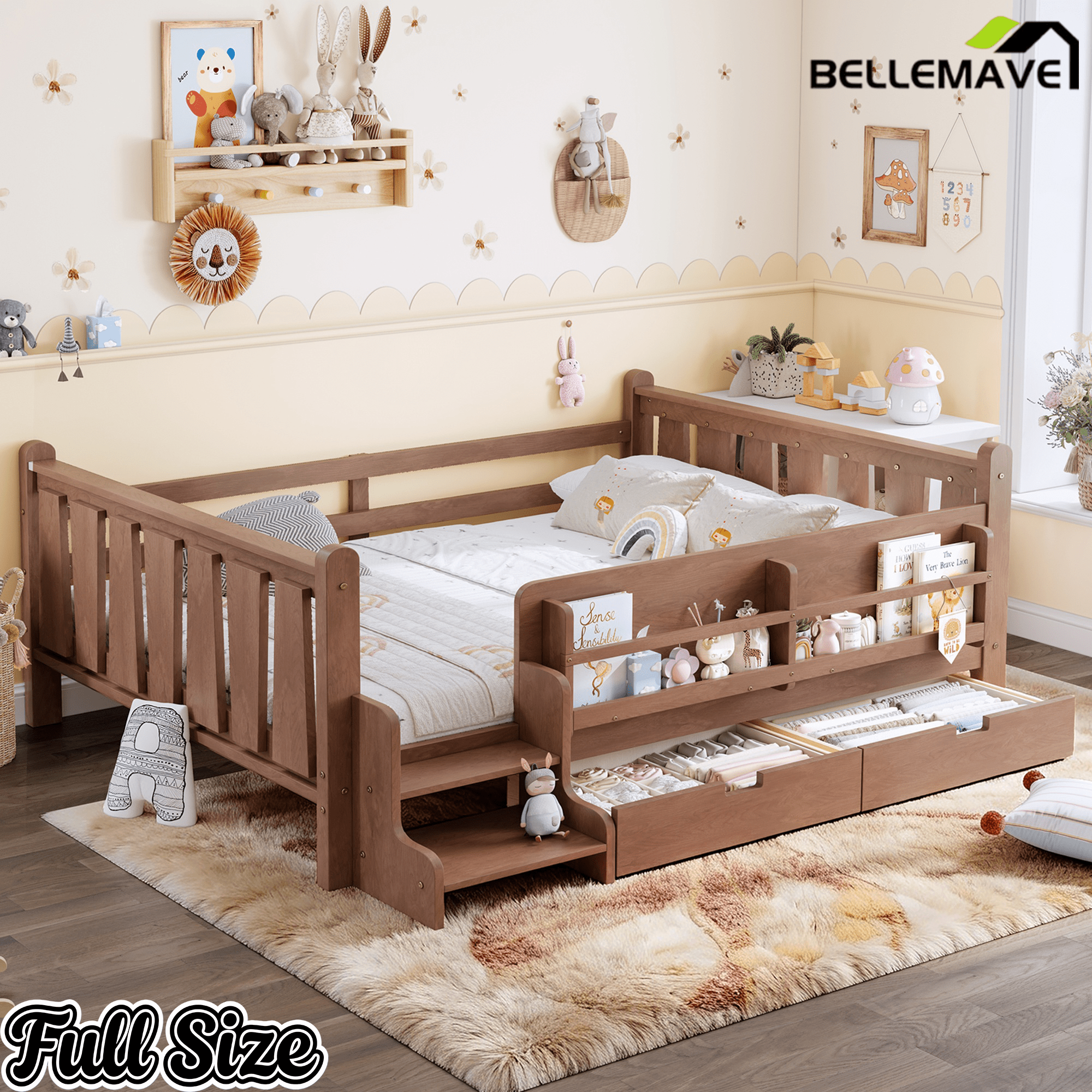 Bellemave® Kids Bed Frame with Storage Drawers & Stairs, Solid Wood Montessori Floor Bed with Bookshelves & Safety Guardrails for Girls Boys - Bellemave