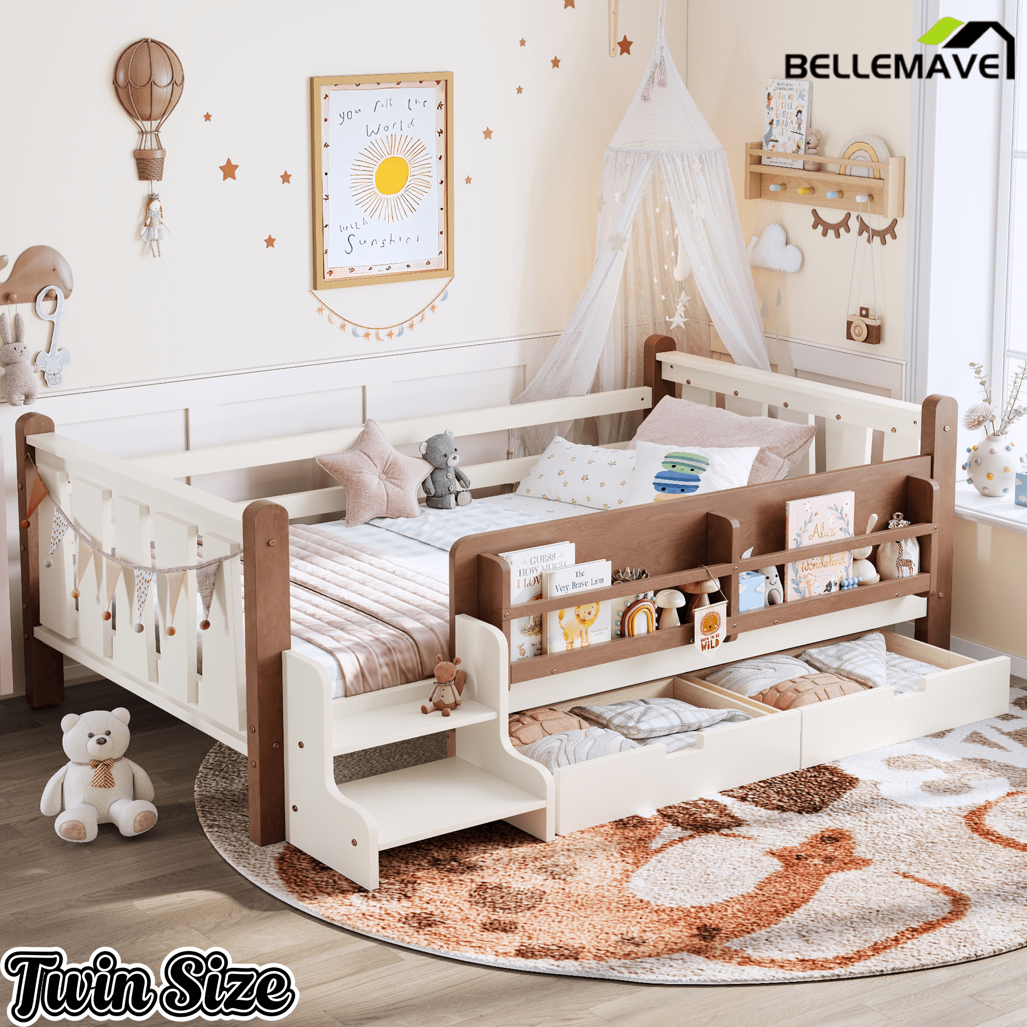 Bellemave® Kids Bed Frame with Storage Drawers & Stairs, Solid Wood Montessori Floor Bed with Bookshelves & Safety Guardrails for Girls Boys - Bellemave