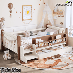 Bellemave® Kids Bed Frame with Storage Drawers & Stairs, Solid Wood Montessori Floor Bed with Bookshelves & Safety Guardrails for Girls Boys - Bellemave