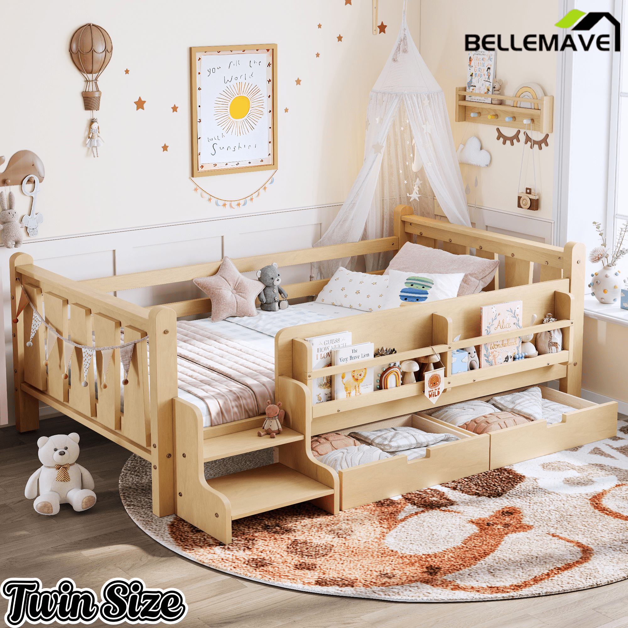 Bellemave® Kids Bed Frame with Storage Drawers & Stairs, Solid Wood Montessori Floor Bed with Bookshelves & Safety Guardrails for Girls Boys - Bellemave