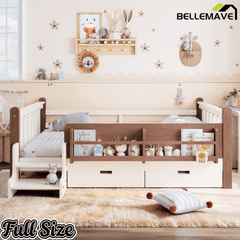 Bellemave® Kids Bed Frame with Storage Drawers & Stairs, Solid Wood Montessori Floor Bed with Bookshelves & Safety Guardrails for Girls Boys - Bellemave