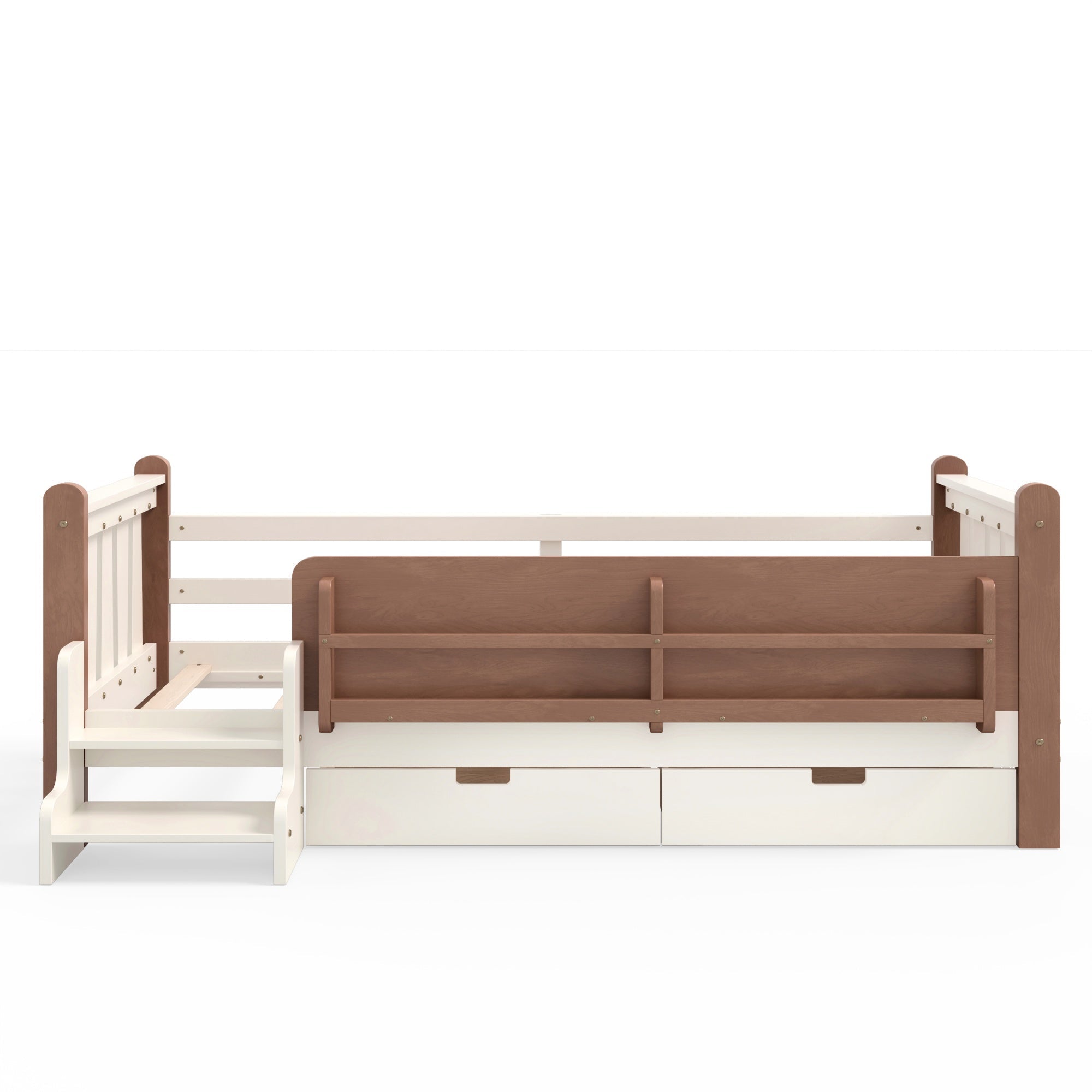 Bellemave® Kids Bed Frame with Storage Drawers & Stairs, Solid Wood Montessori Floor Bed with Bookshelves & Safety Guardrails for Girls Boys - Bellemave