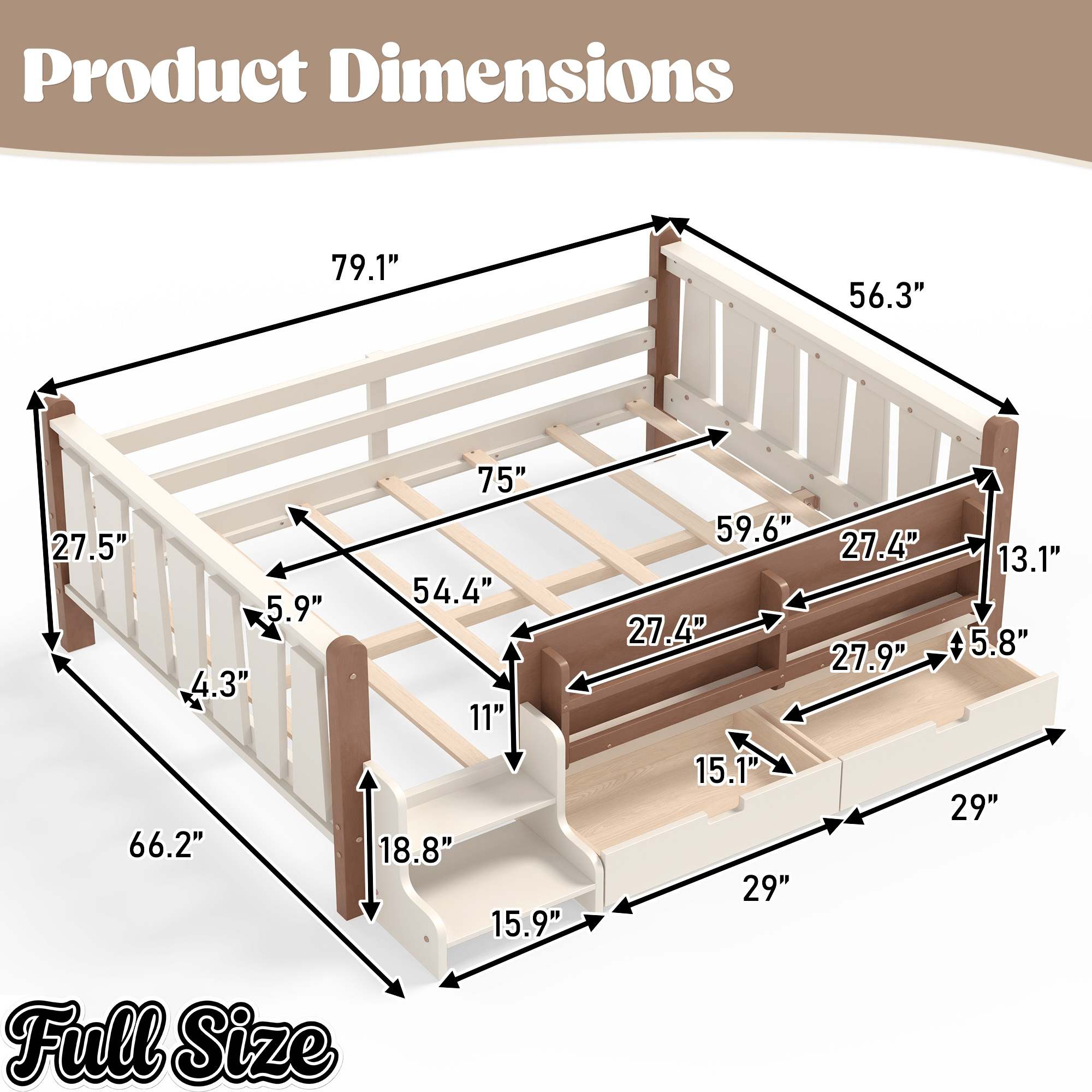 Bellemave® Kids Bed Frame with Storage Drawers & Stairs, Solid Wood Montessori Floor Bed with Bookshelves & Safety Guardrails for Girls Boys - Bellemave