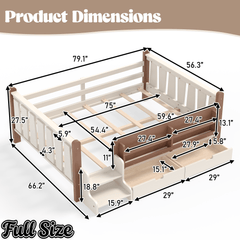 Bellemave® Kids Bed Frame with Storage Drawers & Stairs, Solid Wood Montessori Floor Bed with Bookshelves & Safety Guardrails for Girls Boys - Bellemave