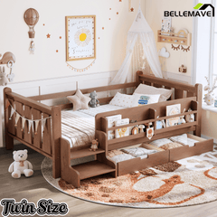 Bellemave® Kids Bed Frame with Storage Drawers & Stairs, Solid Wood Montessori Floor Bed with Bookshelves & Safety Guardrails for Girls Boys - Bellemave