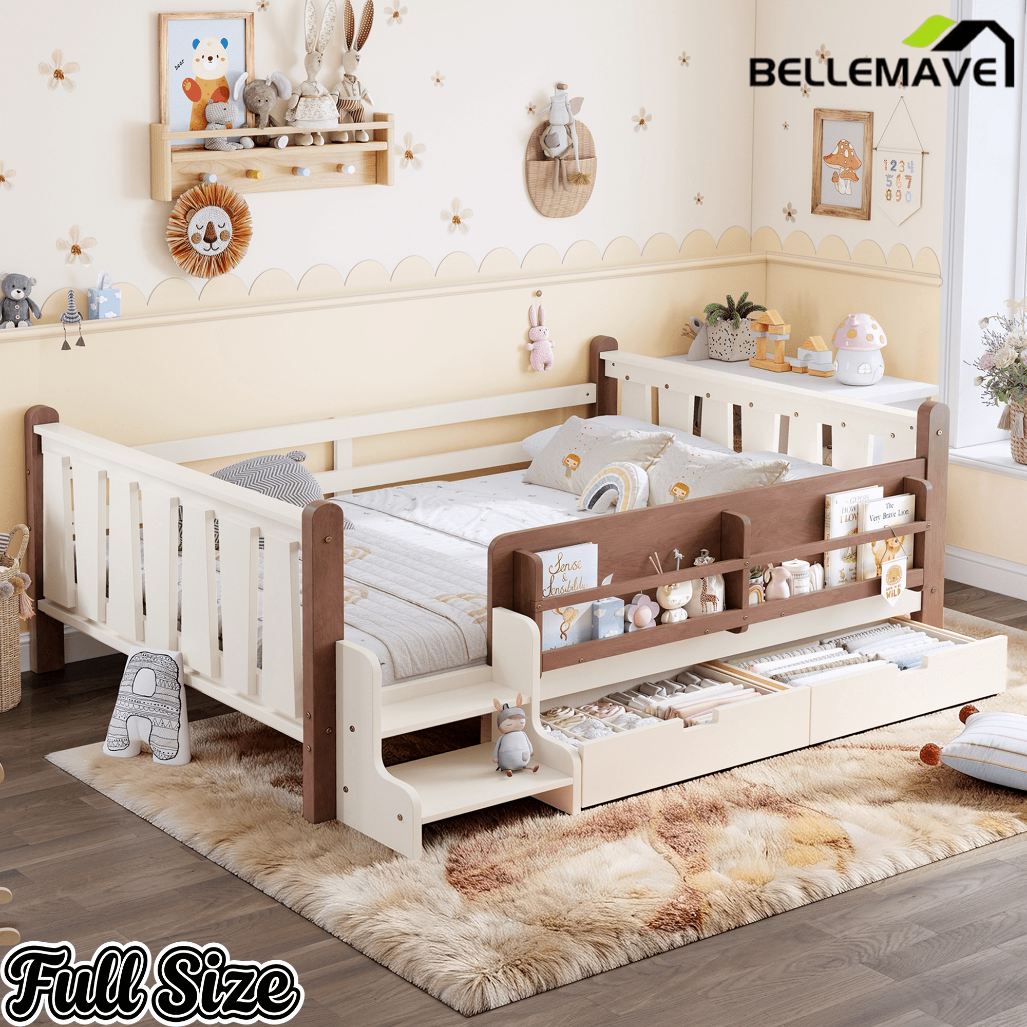 Bellemave® Kids Bed Frame with Storage Drawers & Stairs, Solid Wood Montessori Floor Bed with Bookshelves & Safety Guardrails for Girls Boys - Bellemave