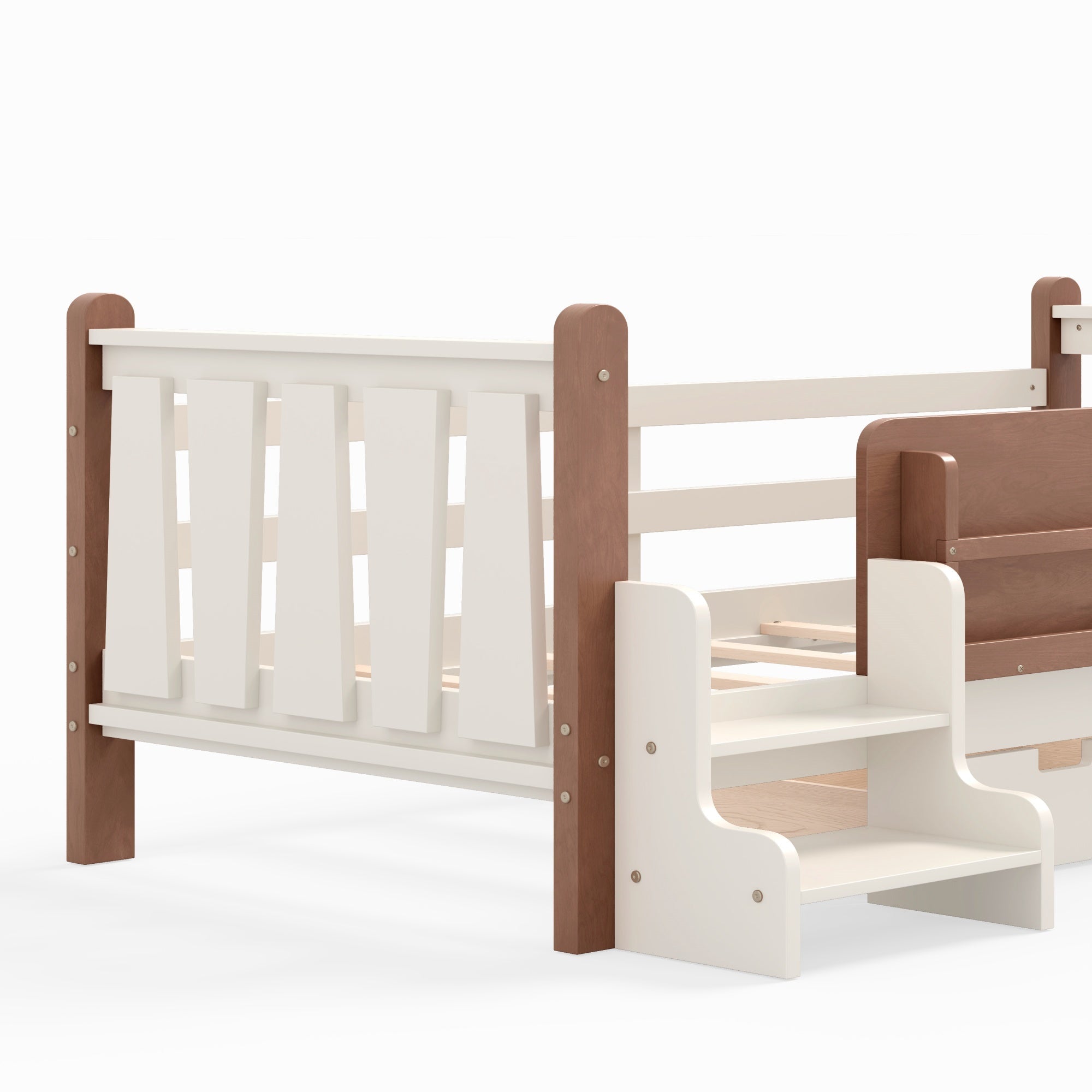 Bellemave® Kids Bed Frame with Storage Drawers & Stairs, Solid Wood Montessori Floor Bed with Bookshelves & Safety Guardrails for Girls Boys - Bellemave