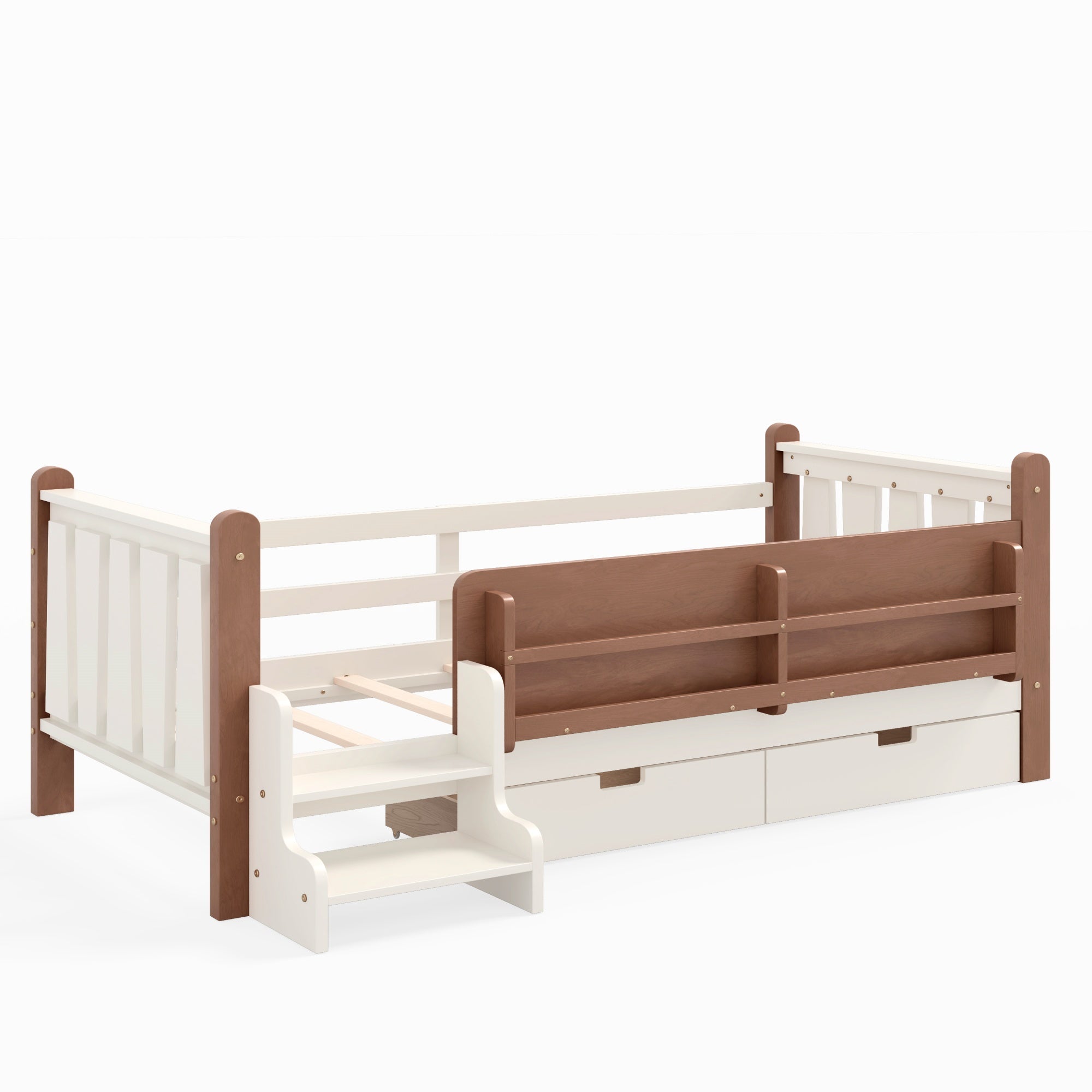 Bellemave® Kids Bed Frame with Storage Drawers & Stairs, Solid Wood Montessori Floor Bed with Bookshelves & Safety Guardrails for Girls Boys - Bellemave