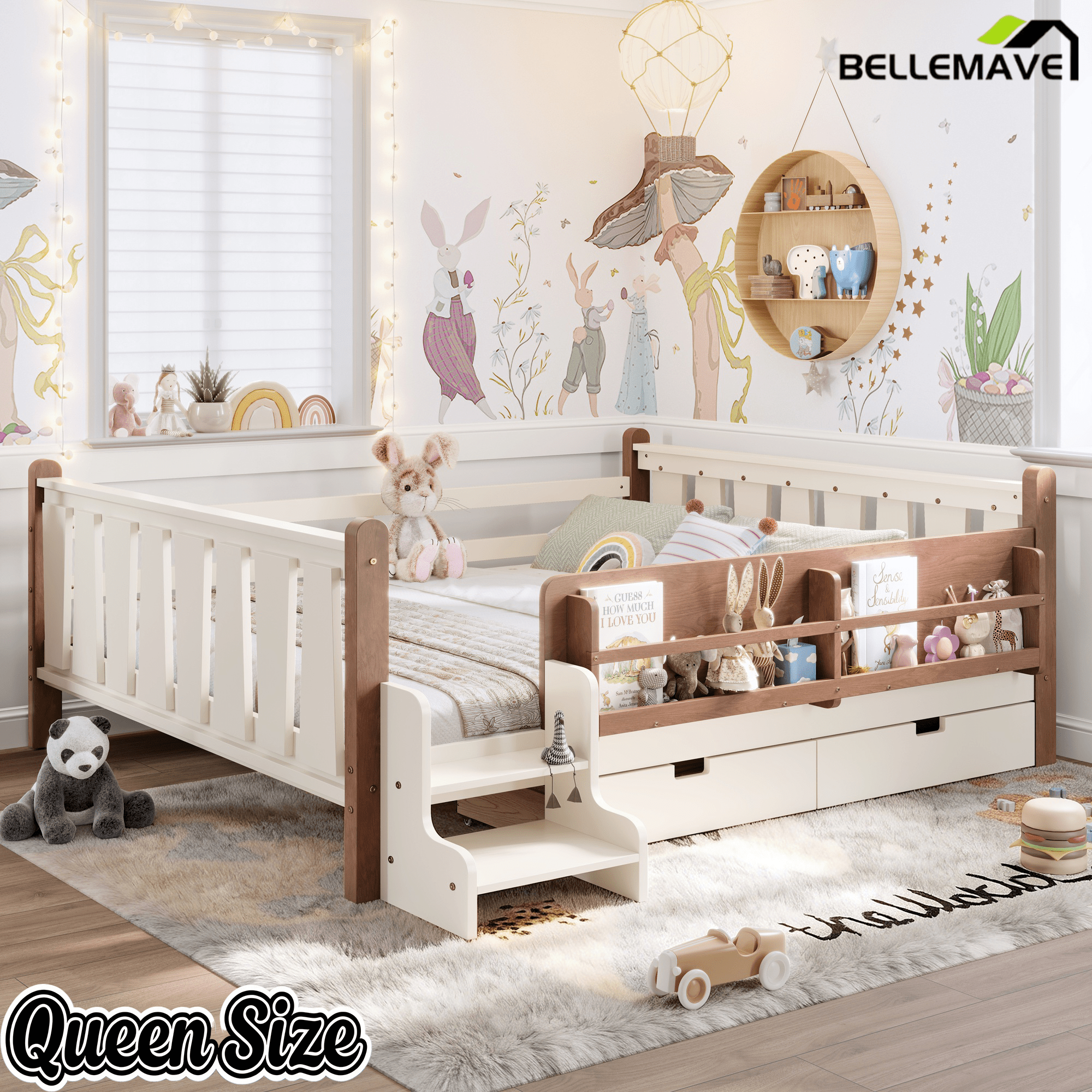 Bellemave® Kids Bed Frame with Storage Drawers & Stairs, Solid Wood Montessori Floor Bed with Bookshelves & Safety Guardrails for Girls Boys - Bellemave