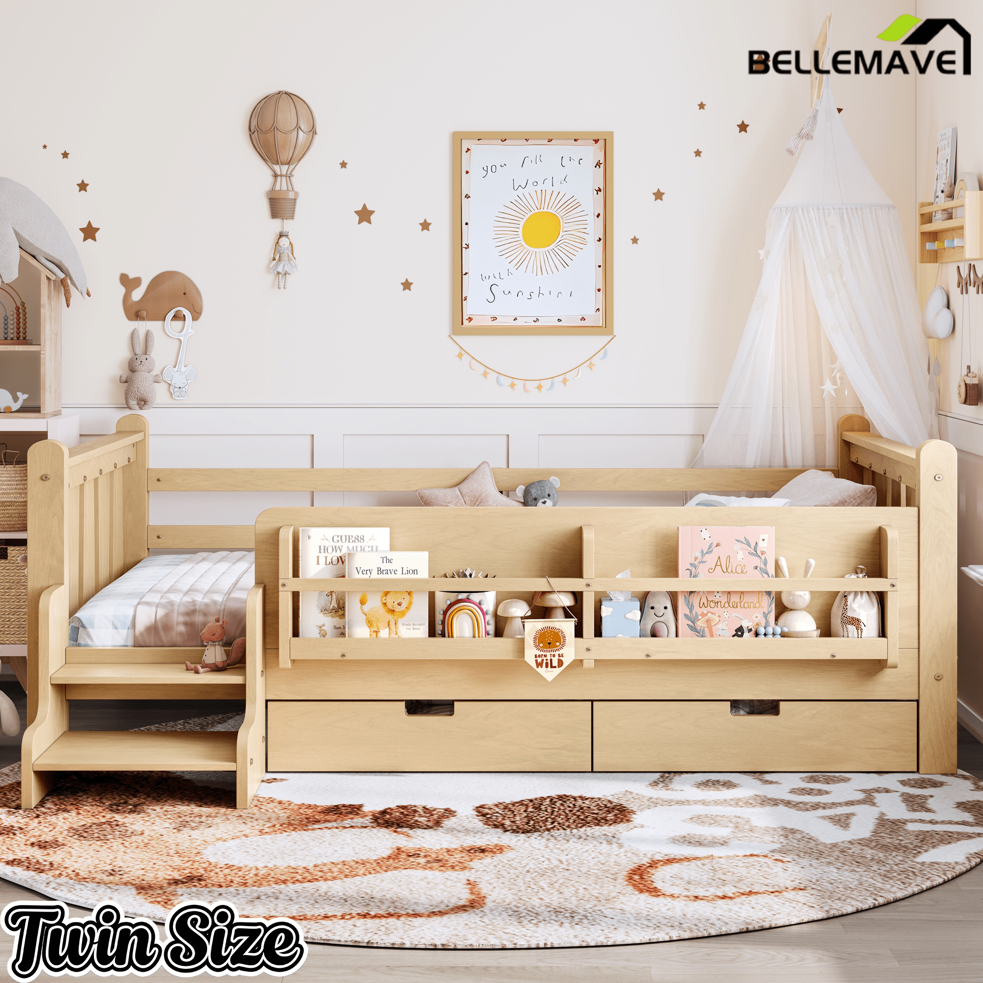 Bellemave® Kids Bed Frame with Storage Drawers & Stairs, Solid Wood Montessori Floor Bed with Bookshelves & Safety Guardrails for Girls Boys - Bellemave