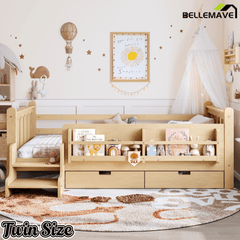 Bellemave® Kids Bed Frame with Storage Drawers & Stairs, Solid Wood Montessori Floor Bed with Bookshelves & Safety Guardrails for Girls Boys - Bellemave