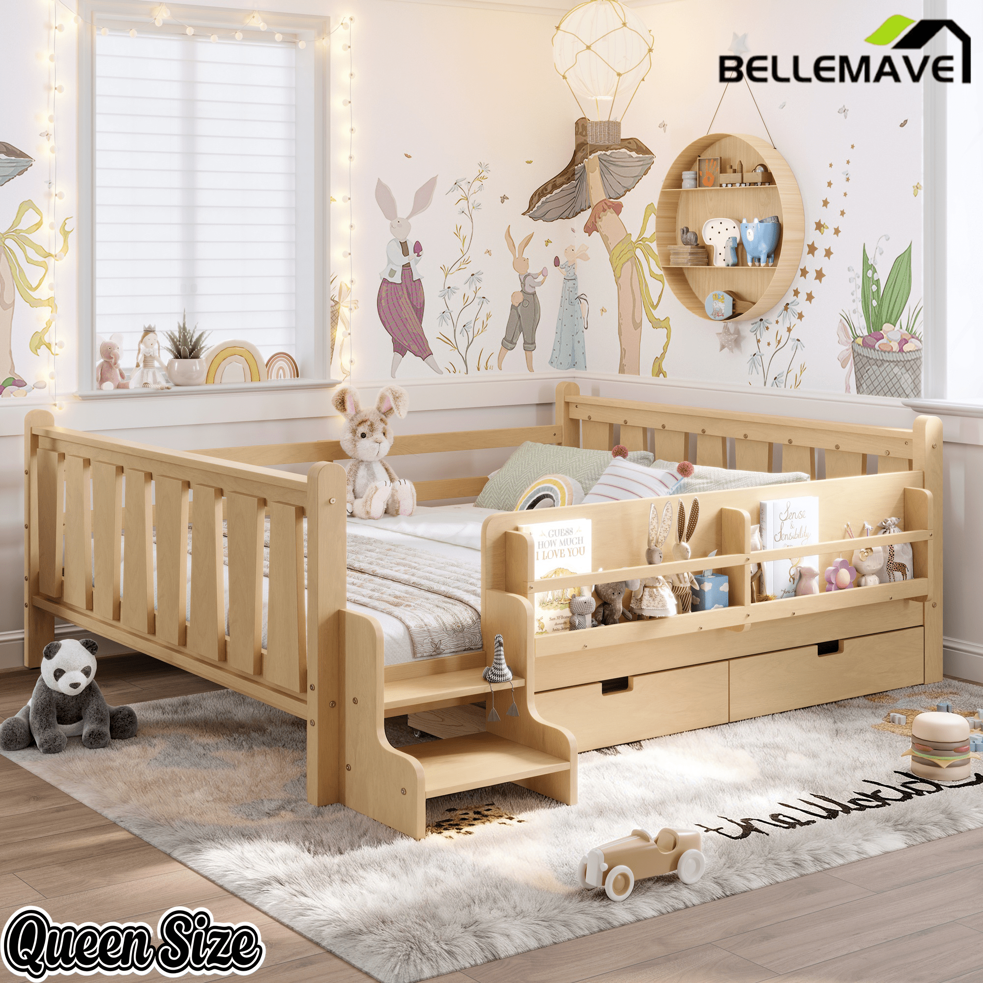 Bellemave® Kids Bed Frame with Storage Drawers & Stairs, Solid Wood Montessori Floor Bed with Bookshelves & Safety Guardrails for Girls Boys - Bellemave
