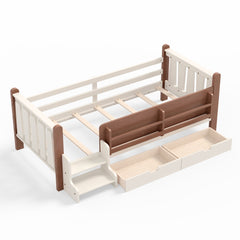 Bellemave® Kids Bed Frame with Storage Drawers & Stairs, Solid Wood Montessori Floor Bed with Bookshelves & Safety Guardrails for Girls Boys - Bellemave