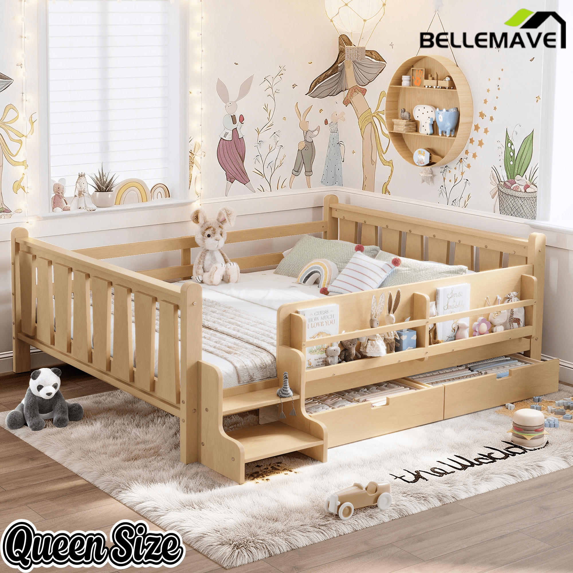 Bellemave® Kids Bed Frame with Storage Drawers & Stairs, Solid Wood Montessori Floor Bed with Bookshelves & Safety Guardrails for Girls Boys - Bellemave