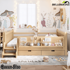 Bellemave® Kids Bed Frame with Storage Drawers & Stairs, Solid Wood Montessori Floor Bed with Bookshelves & Safety Guardrails for Girls Boys - Bellemave