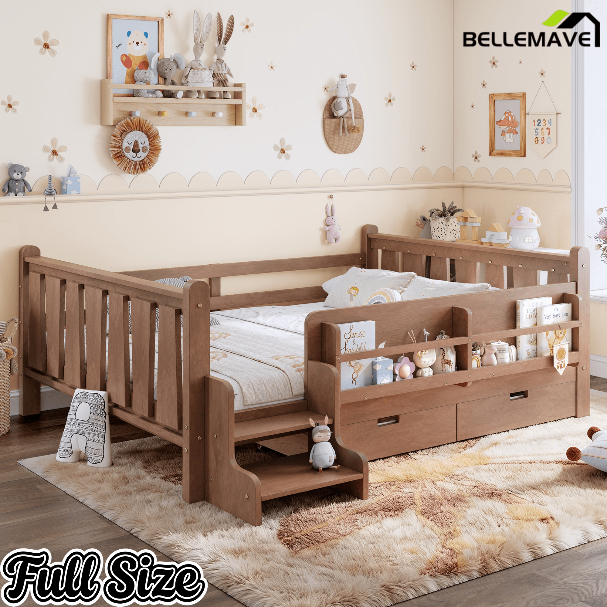 Bellemave® Kids Bed Frame with Storage Drawers & Stairs, Solid Wood Montessori Floor Bed with Bookshelves & Safety Guardrails for Girls Boys - Bellemave